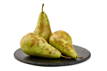 Three Pears on a Slate Plate, isolated on white background