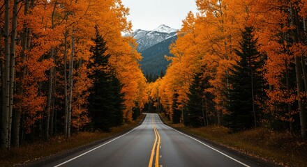 Winding Mountain Road Lined with Vibrant Autumn Trees Under a Serene Sky, Leading to Distant Snow-Capped Peaks
