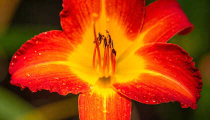 Close-up of a vibrant orange and yellow daylily flower with delicate water droplets on its petals, showcasing its intricate stamen and pistil.