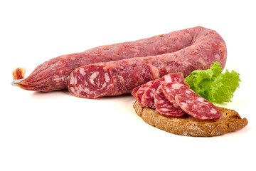 Longaniza Curada sausage on bread, isolated on white background