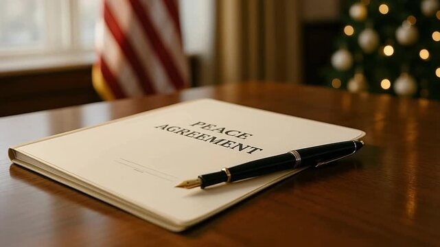 A peace agreement document on a desk ready for signing. Diplomatic treaty with an American flag and Christmas tree in the background. International relations concept