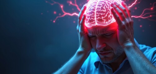 Man holds head with glowing brain showing pain. Migraine or headache causes suffering. Futuristic digital illustration of neural activity. Medical concept.