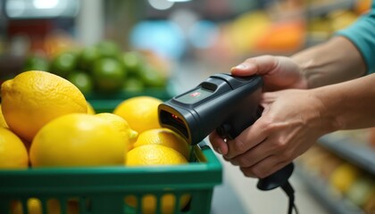 Hands holding a barcode scanner over a basket of fresh yellow lemons at a grocery store checkout. Person scans lemons for purchase. Fresh citrus fruits in a green basket.