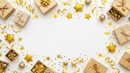 Festive golden gift boxes, shimmering stars, and sparkling ribbons arranged as a decorative frame, isolated on white background