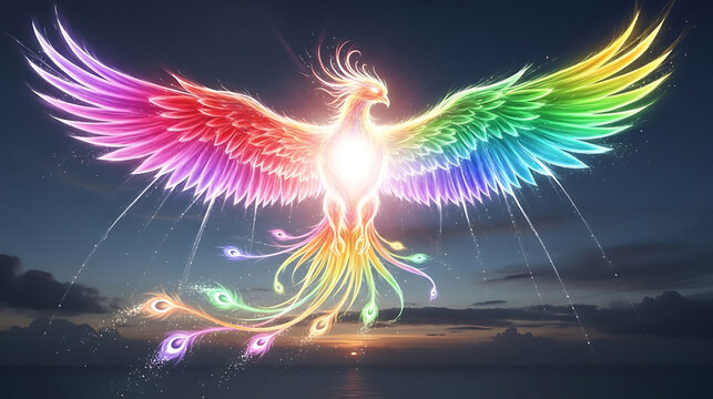 Majestic rainbow phoenix rising from darkness