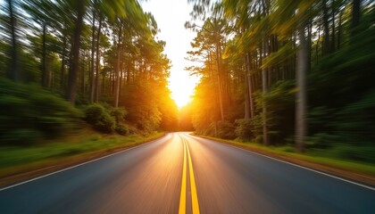 Winding road through sunlit forest with motion blur effect. Trees line asphalt path as bright sun shines through canopy creating warm golden hour light.