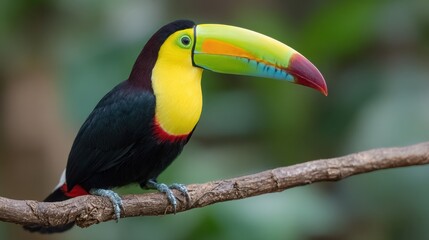 Fototapeta premium Colorful Toucan Perched on a Branch in a Tropical Jungle Canopy Showing the Abundance of Wildlife and Natures Beauty