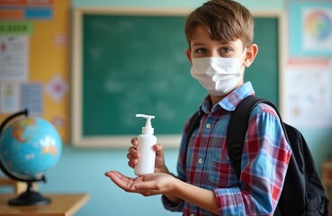 Young student wearing face mask holds hand sanitizer in classroom. Boy with backpack stands in front of green chalkboard and globe. He prepares for health safety during pandemic at school.