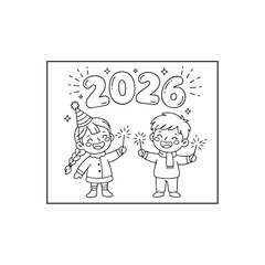 Happy New Year 2026 coloring page for kids. Cute boy and girl holding sparklers. Celebration vector illustration. Black and white outline numbers and people.