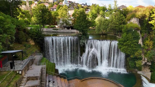 Jajce Waterfalls and Fortress at sunset. In Bosnia And Herzegovina, taken with my drone.