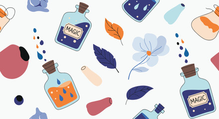 Obraz premium Creative seamless pattern featuring whimsical magic potion bottles, flowers, leaves, and abstract shapes, creating a charming fantasy-themed background.