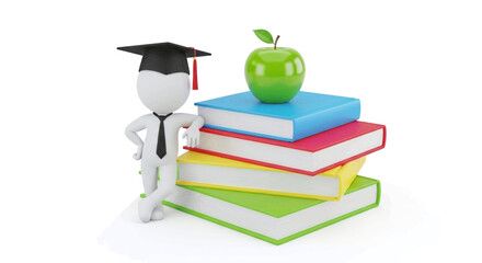 3d figure in graduation cap next to stack of colorful book
