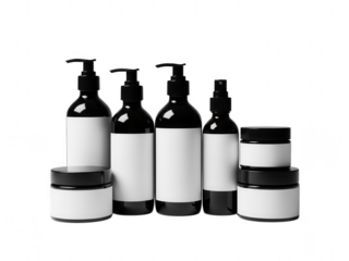Group of dark cosmetic bottles and jars with blank labels on black isolated on transparent background