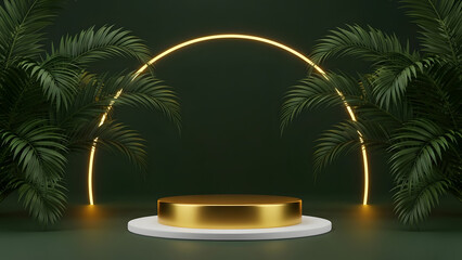 Luxurious gold podium surrounded by lush greenery and illuminated by a golden archway
