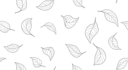 Minimalist seamless pattern of delicate, hand-drawn outline leaves scattered on a white background, creating a clean and simple botanical texture.