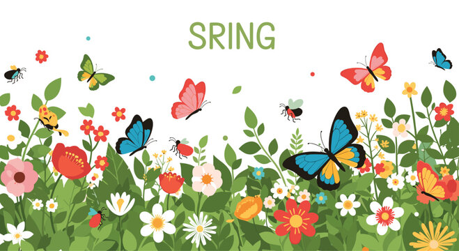 Vibrant and lively panoramic illustration of a blooming spring meadow filled with colorful flowers, flying butterflies, ladybugs, and bees with 'SRING' text.