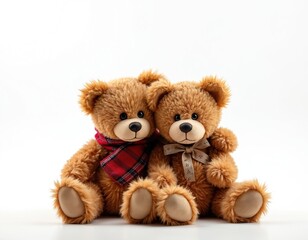 Fototapeta premium Two cute brown teddy bears sit together, one wears a red plaid scarf, the other a ribbon bow. Symbolizing friendship and support, these soft plush toys offer comfort and warmth.