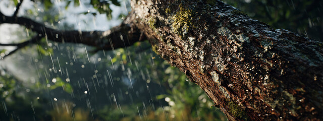 Obraz premium Rainy day scene of rainfall hitting a tree branch with moss growing on it.
