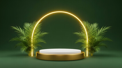 Elegant golden podium with glowing neon arch and lush green foliage for product display
