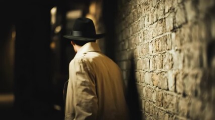 Hardboiled detective stands in shadowy urban alley, watching for suspects while rain falls and street lights flicker during a moody nighttime investigation