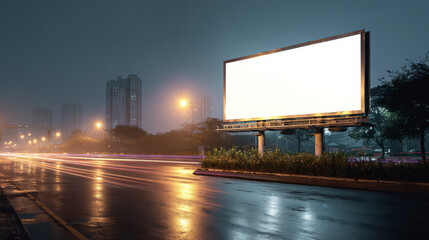 Blank billboard by a road at night, city buildings in the background.