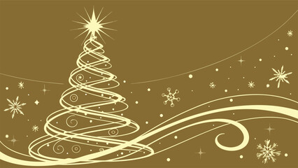 Magical Christmas tree illuminated with bright lights and snowflakes, set against a golden Christmas background, vector art.