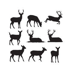 Deer Silhouettes Collection, Animal Vector, Wildlife Forest, Antler Head