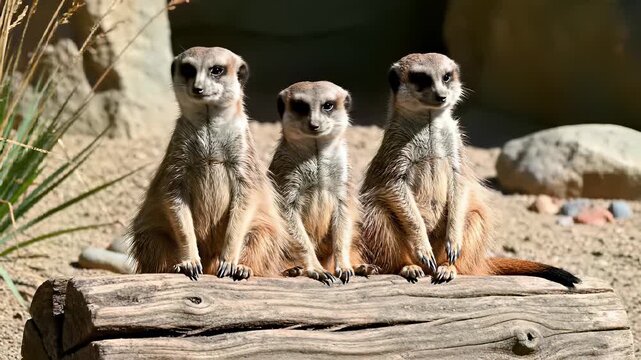 Three small meerkats sit together on a natural log in a zoo enclosure, their curious faces tilted upwards as they survey their surroundings, capturing the concept of unity and togetherness.