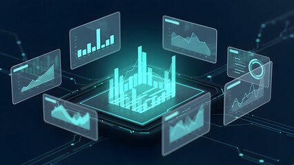 Futuristic Digital Analytics and Data Visualization Display on a Dark Blue Background
