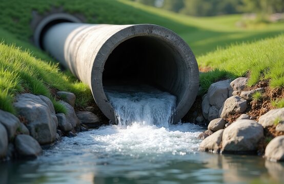 Water flows from pipe into river. Concrete drainage structure in green grass landscape. Concept of eco, nature, environment, industry. Liquid runs to retention basin from sewer outlet.