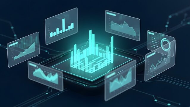 Futuristic Digital Analytics and Data Visualization Display on a Dark Blue Background - Powered by Adobe