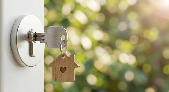 Close up of a house key with a wooden houseshaped keychain inserted into a door lock, with a bright, blurred green outdoor background suggesting new home ownership or real estate - Powered by Adobe