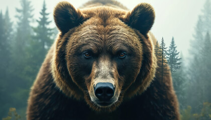 Close up portrait of a grizzly bear against a misty forest background. This powerful mammal intense gaze stares forward, embodying wild nature and untamed wilderness.