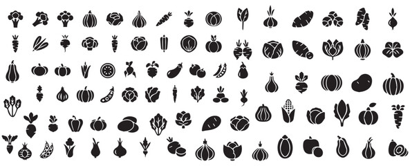 Set of  Black Silhouette Fruits and Vegetables.