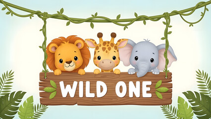 Cute cartoon jungle animals lion giraffe elephant celebrate first birthday wild one party banner
