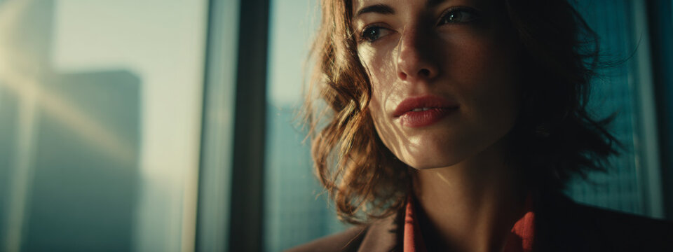 Portrait of a young woman staring out a window in a bright city scene. - Powered by Adobe