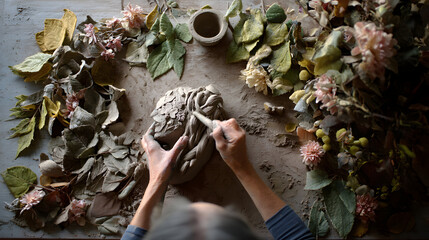 Clay Sculpture Artistry Hands crafting a clay female face sculpture with floral decorations on a textured backdrop top view captures a moment of creative expression and artistic creation