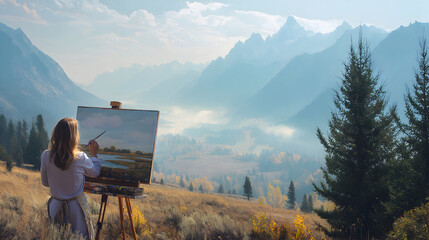 Landscape Painting Art, woman paints scenic mountains outdoors on canvas, blue mountain range, artistic expression with distant fog, autumn landscape, sunny day, creative hobby, peaceful vista