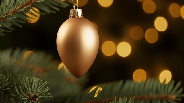 Close up of a golden Christmas ornament hanging on a pine tree with bokeh lights.