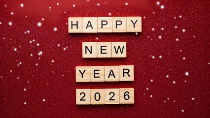 Happy new year 2026 spelled with wooden blocks on a vibrant red glitter background
