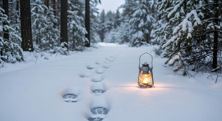Old lantern illuminates snowy path with footprints in winter forest