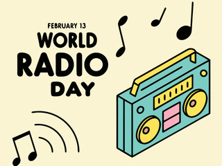 Celebrating World Radio Day on February 13th with a Retro Boombox and Musical Notes Illustration