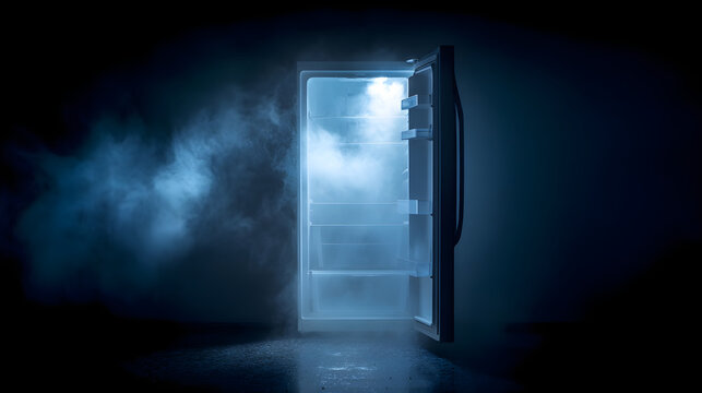 Empty open refrigerator with cold blue smoke escaping