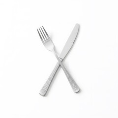 Silver fork and knife crossed on a white background minimalist still life