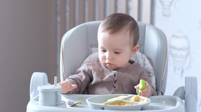 Baby in Highchair tastes Spoon Puree, Exploring Curious Infant ,Tests Utensils While Caregiver Guides Feeding, Hands Reach Tray, Mashed Vegetable On Plate, Soft