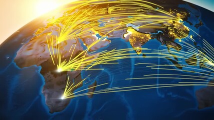Glowing network lines connect illuminated city clusters on a blue globe with a sun flare - Powered by Adobe