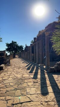 Ruins of the ancient Roman port city of Siedra in Alanya, Antalya, Turkey. The street and ruins of the ancient abandoned ancient city of Siedra on the Mediterranean coast. 4К