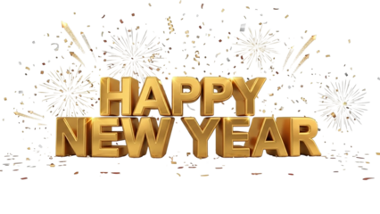 golden glossyHappy New Year Text in Rainbow Colors with Confetti, Party Hats, and Champagne Flutes on a Clean White Background.