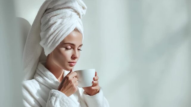 Serene young caucasian woman enjoying a cup of tea in a bright bathroom while wrapped in a white bathrobe and towel