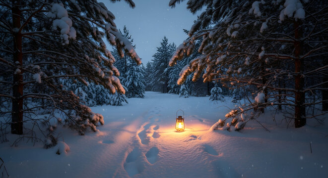 Glowing lantern in a serene winter forest covered in fresh snow